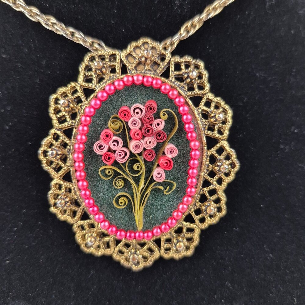 Hand Quilled Floral Necklace Brooch Filigree Ornate Frame